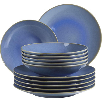 Набор тарелок Ossia на 6 персон в средиземноморском винтажном стиле, современный столовый сервиз из 12 предметов с суповыми тарелками и обеденными тарелками, керамогранит (голубой), 931946 Series