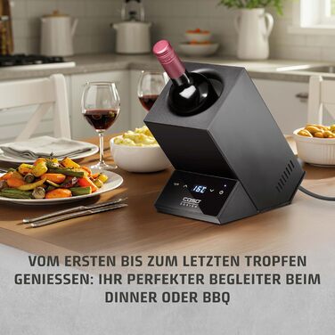Охолоджувач для вина, розрахований на одну пляшку, з температурним режимом 5-18C, для пляшок діаметром до 9 см, сенсорне керування, корпус з нержавіючої сталі чорного кольору.
