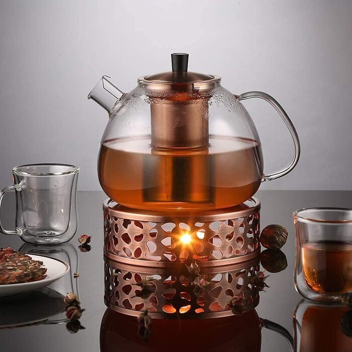 Скляний чайник з ситечком для чаю 1500 мл, скляний чайник, прозорий, термостійкий, зі знімним ситечком для чаю з нержавіючої сталі, для чорного чаю, зеленого чаю, ароматизованого фруктового чаю Type1 Silver (1500 мл, Type3 Bronze-1500 мл)