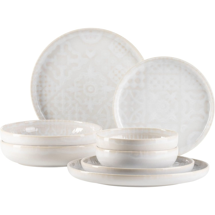 Сучасний вінтажний набір посуду на 2 персони в мавританському дизайні, столовий сервіз з 8 предметів з тарілками та мисками з високоякісної кераміки, керамограніту (скандинавської форми, білий), 935079 Series Tiles