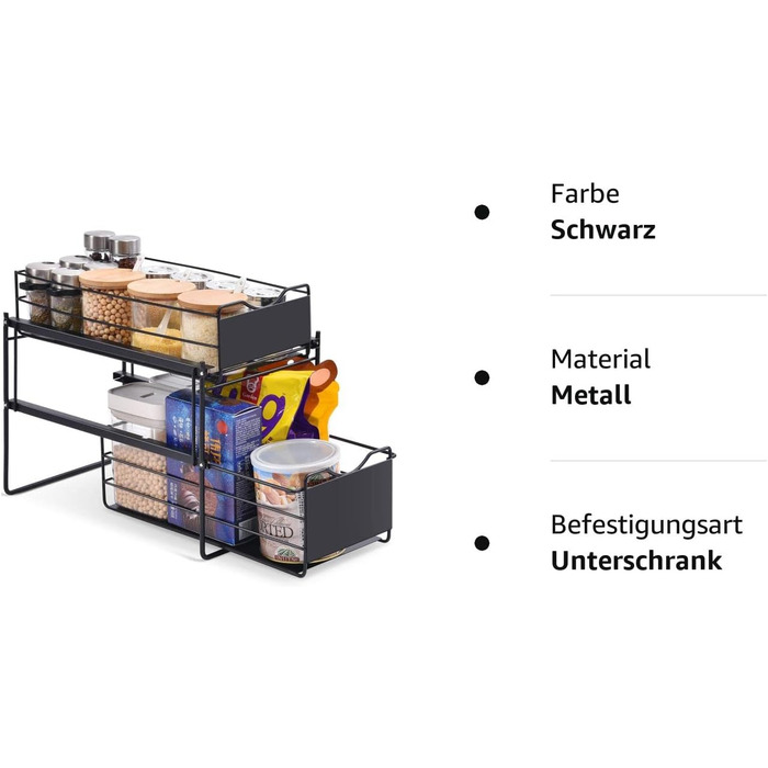 Рівневий органайзер для кухонних шаф, нижня полиця шафи, органайзер для зберігання ящиків, полиця для шухляд, полиця під раковиною для кухні, ванної кімнати, офісу, шафи чорна, 2-