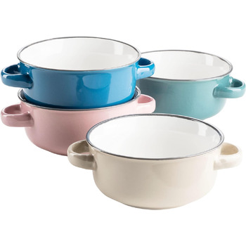 Барвистий набір супових мисок на 4 персони з кераміки в емальованому вигляді, миски для супу з ручкою у вінтажному дизайні, керамограніт, бензиновий/темно-рожевий/бежевий/темно-синій бірюзовий / темно-рожевий / бежевий / темно-синій
