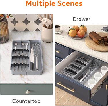 Поднос для столовых приборов Lifewit, Компактный поднос для столовых приборов с кухонным ящиком, Выдвижной лоток для столовых приборов, Регулируемый пластиковый лоток для ложек, вилок и ножей, серый