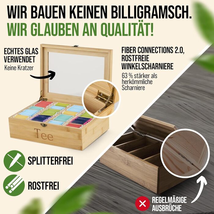 Чайна скринька преміум-класу NATURSCHMIED з вишневого дерева з 20 гнучкими відділеннями та оглядовим віконцем, (22,5 x 31 x 10 см) - посилені петлі міцна застібка - Елегантне сховище для чаю для справжніх любителів чаю (бамбук рівня А)