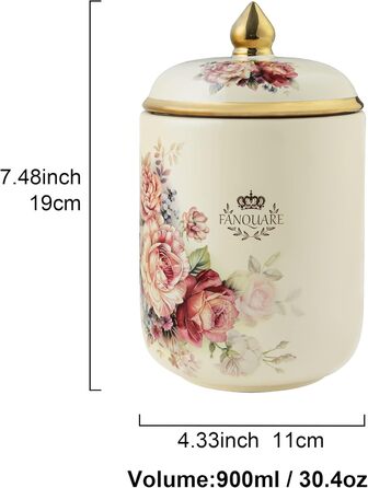 Порцелянова банка для печива Fanquare, Ø 19 см, банка для зберігання з вінтажним квітковим візерунком та кришкою, банка для печива та солодощів, золота