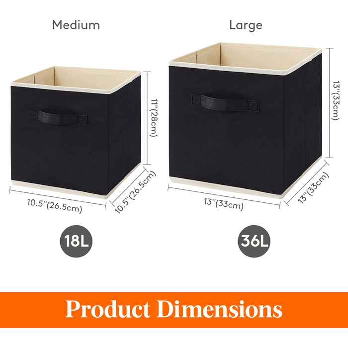 Складні кубики для зберігання Lifewit 6 шт. 18 л, середні декоративні тканинні ящики для зберігання з ручками для організації полиць шаф, 26,5 x 26,5 x 28 см, (чорний, 33x33x33 см)