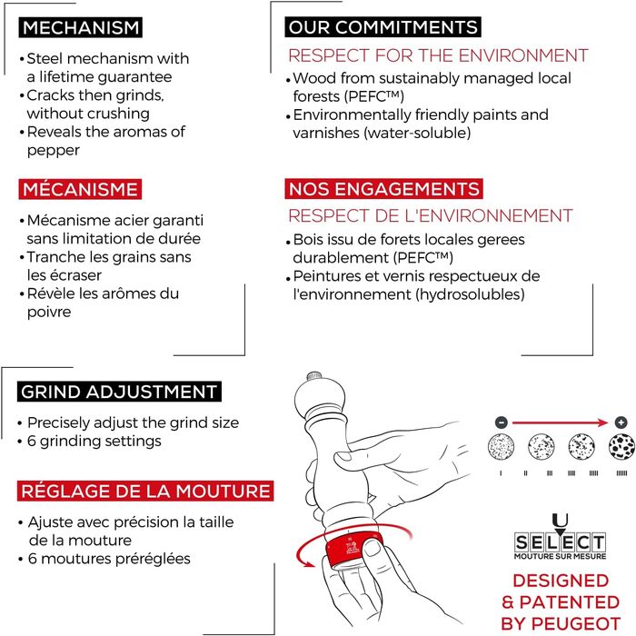 Попередньо встановлених помелів - Виготовлений з деревини, сертифікованої PEFC - Французьке ноу-хау - (Млин для перцю Peugeot Paris, Natural), 40