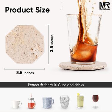Підставки під чашки з мармуру з підставкою, 8.9 см, з оніксу, ручної роботи, для офісу, напоїв, кави та бару, на обідній стіл, набір з 6 шт. (Травертин)