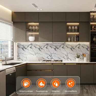 Стінові панелі IZODEKOR під мармур 60x120 см Панель для кухонного фартуха ПВХ-облицювання стін для кухні, ванної кімнати Бризкозахисний екран для кухні Водонепроникний та термостійкий (4 панелі 4 монтажних клею, Arctic Breeze)