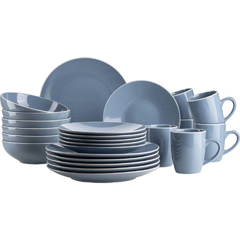 Набор современной посуды на 6 персон с белым ободком, комбинированный сервиз из 24 предметов, керамогранит (синий), 931770 Series Elissa