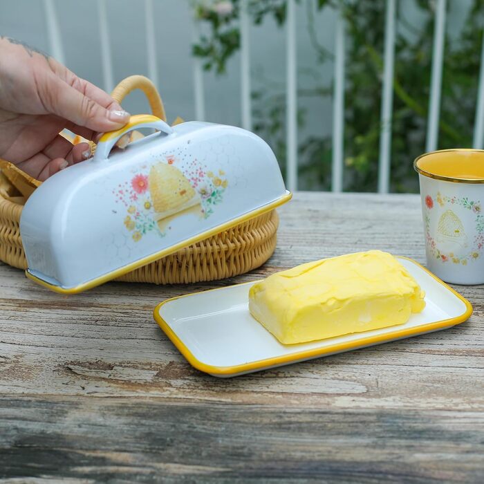 Емальована масленка Z&Z ornamentorum з кришкою, масленки для всіх поширених видів масел, кухонні аксесуари, засоби для зберігання, ручної роботи, птах (гелева)