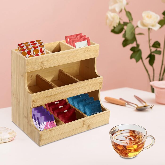 Тримач для чайних пакетиків з бамбука Qussse, 9 відділень, 3 рівні, органайзер для зберігання чайних пакетиків для дому, офісу, кафе, чайних будиночків