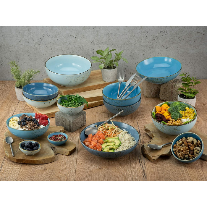 Набір посуду серії з 4 предметів, миска для пластівців, покебоул з кераміки (Nature Collection Aqua, синій), 23432