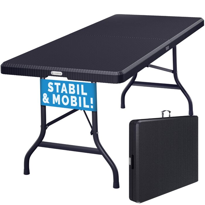 Складний стіл 180x75 см чорний з ротанга Casaria