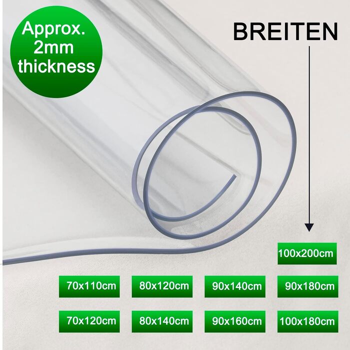 Захисна плівка для столу WOLTU 1 мм ПВХ, кришталево прозора скатертина з високим блиском, прозора, водонепроникна, захисна плівка для столу, що миється, прямокутна 90x180 см (120 x 80 см (прямокутна), ПВХ, 2 мм)
