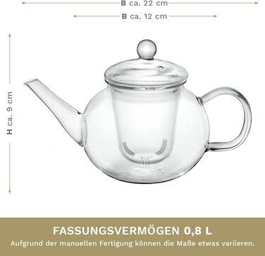Скляний чайник Creano Glass Teapot з 3 частин із вбудованим ситечком з нержавіючої сталі та скляною кришкою, ідеально підходить для приготування сипучих чаїв, без крапель, все в одному (скляне ситечко 0,8 л)