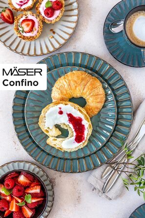 Набір посуду MSER 931966 серії Confino на 4 персони в сучасному вінтажному вигляді, сервіз посуду для сніданку з 12 предметів з кераміки з чорними вставками, керамограніт (бежевий, кавовий сервіз)