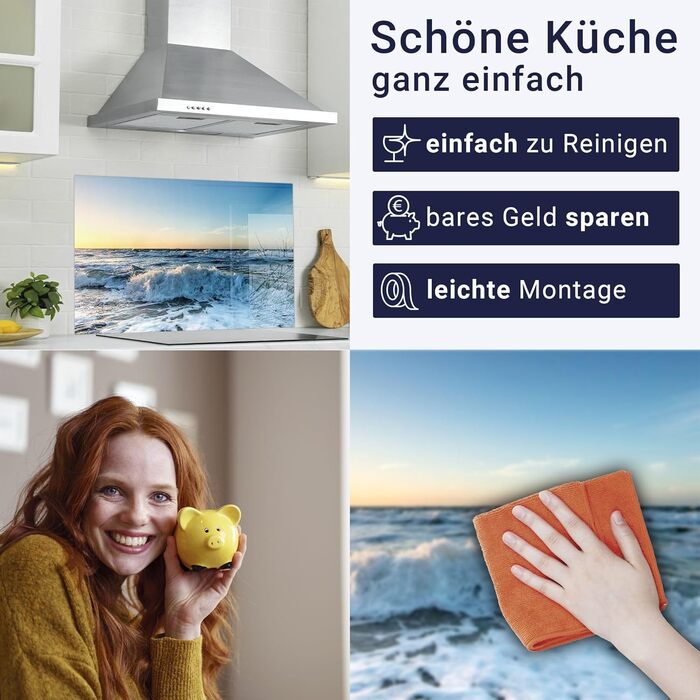 Кухонний фартух Timalo зі скляним виглядом Північне море, очерет, захід сонця, океан, солома 2-мм акрилове скло Бризкозахисна стіна для плити, скляний кухонний фартух, акрилові скляні стінові панелі, захисна панель для фартуха (120 x 80 см, 313- Хвилі на 