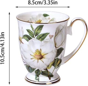 Набір із 2 порцелянових кавових кухлів, квітковий візерунок, чашки у формі кістки, китайський стиль, 300 мл, з ручкою для кави, чаю, молока, капучино (B)