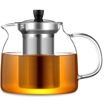 Простий скляний чайник Ecooe 1400 мл зі срібною нержавіючою сталлю 18/8 2 в 1 Кришка для чаю Боросилікатна скляна чайниця підходить для холодних і гарячих напоїв Підігрівач чаю з відкритим вогнем (срібний чайник типу 5, 1,000 мл)