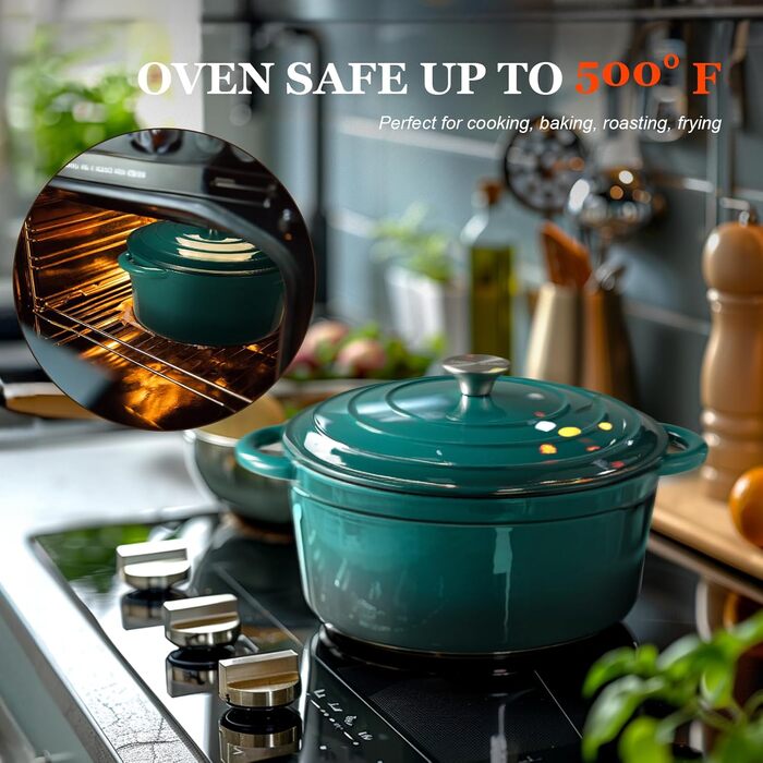 Чавунна форма для запікання Overmont Enamel - 26 см, придатна для використання в духовці, з кришкою та кулінарною книгою - для випікання, тушкування, запікання, білого кремового кольору (24 см-4,3 л, морський блакитний)
