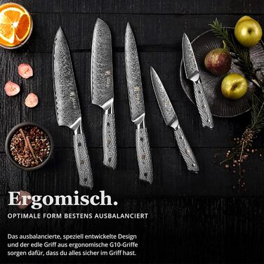 Кулінарний набір ножів з дамаської сталі Sycamore (6 предметів) 67 шарів, ядро з VG10, твердість 602 HRC, ручки з клена, хлібний ніж із серрейторною заточкою, магнітний тримач для ножів, професійні кухонні ножі для точного нарізання (Чорно-білий)