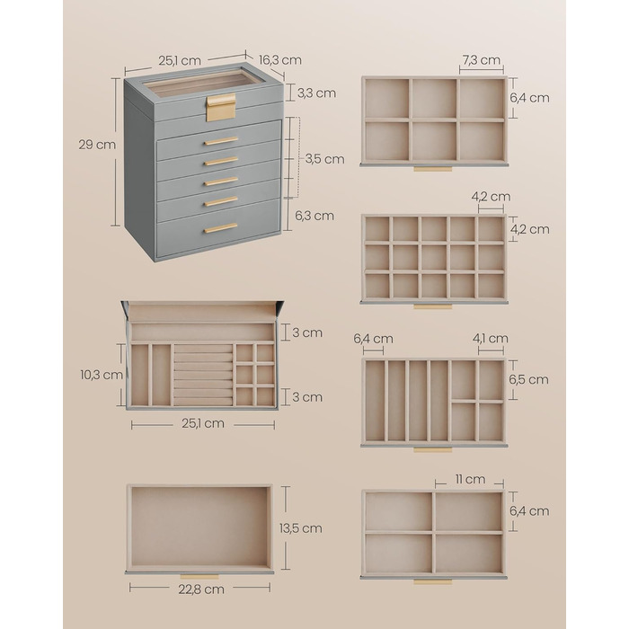 Органайзер для ювелірних виробів 6-рівневий, сірий SONGMICS