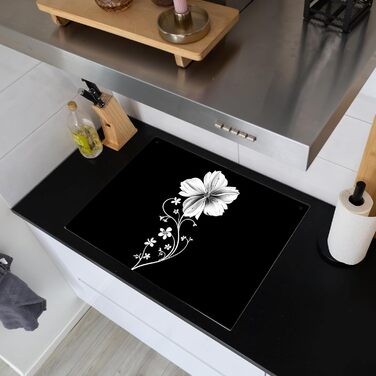 Фартух для плити, кухонний фартух, вініл, 78x52 см, декор для кухні, облицювання стіни, кришка для плити - сіро-чорна (квітка - чорна, 52Д x 71Ш см)