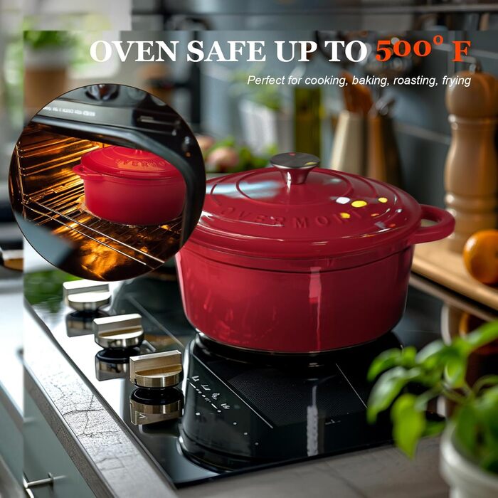Чавунна форма для запікання Overmont Enamel - 26 см, придатна для використання в духовці, з кришкою та кулінарною книгою - для випікання, тушкування, запікання, білого кремового кольору (28 см-6,6 л, червоного кольору)