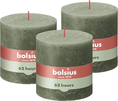 Свічка Bolsius Rustic Pillar XXL - 3 шт. и - 10 x 10 см - Декоративні побутові свічки - Час горіння 62 години - Без запаху - Містить натуральний рослинний віск - Без пальмової олії (темно-зелена)
