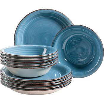 Набор тарелок MSER Bel Tempo II на 6 персон в современном винтажном стиле, столовый сервиз из 12 предметов, ручная роспись, керамогранит (синий)
