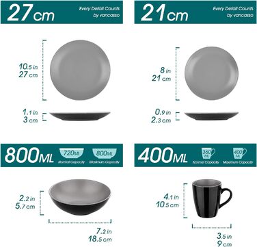 Столовый сервиз из керамогранита, набор посуды vancasso MODA, винтажный вид, комбинированный сервиз из 40 предметов с 8 тарелками, тарелками для тортов, суповыми тарелками, мисками и чашками каждая (Lento светло-серый, 16 шт.)