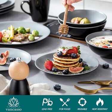 Столовый сервиз из керамогранита, набор посуды vancasso MODA, винтажный внешний вид, комбинированный сервиз из 40 предметов с 8 тарелками, тарелками для тортов, суповыми тарелками, мисками и чашками каждая (темно-серый Lento, комбинированный сервиз 16 шт.