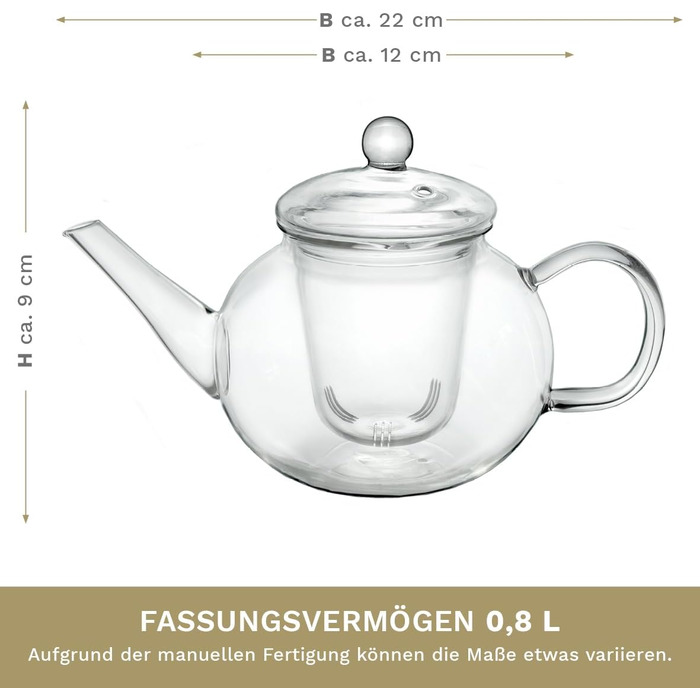 Скляний чайник Creano Glass Teapot з 3 частин із вбудованим ситечком з нержавіючої сталі та скляною кришкою, ідеально підходить для приготування сипучих чаїв, без крапель, все в одному (скляне ситечко 0,8 л)