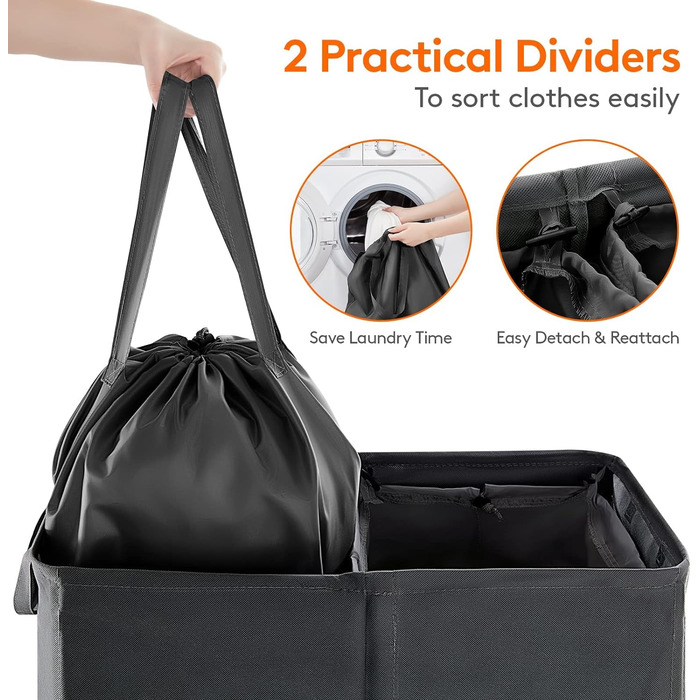 Корзина для белья Lifewit с крышкой 2 отделения, сборник для белья с 2 семными мешками для белья, складные корзины для белья Корзины для белья Ящик для белья Тканевые корзины для белья для спальни в ванной комнате, (160 л, черный)