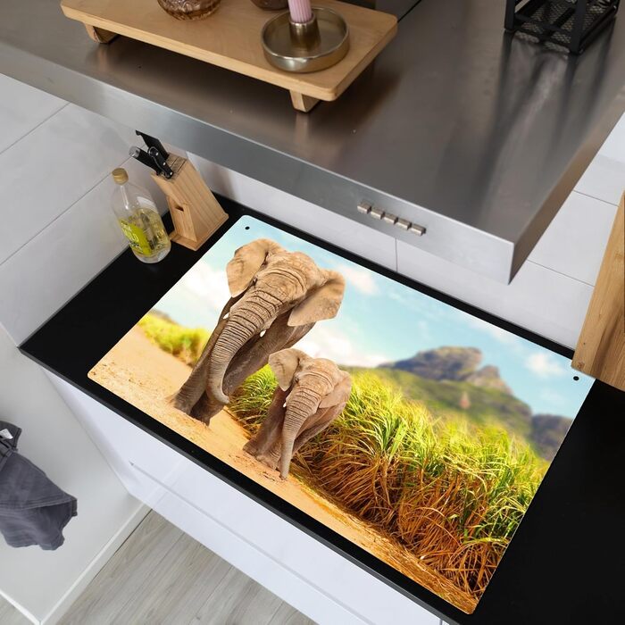 Фартух для плити, кухонний фартух, вініл, 78x52 см, декор для кухні, облицювання стіни, кришка для плити - сіро-чорна (слони - тварини, 52,7Д x 91,6Ш см)