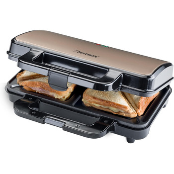 Бутербродниця Bestron XL, тостер для сендвічів з антипригарним покриттям на 2 сендвічі, в т.ч. автоматичний контроль температури та індикатор готовності, 900 Вт, колір чорний/ (бежевий/сатиновий)