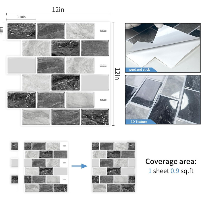 Мозаїчна плитка з клеєм, Наклейки на плитку, Настінна плитка, Клейка плитка Metro, Самоклеюча імітація плитки для кухні та ванної кімнати - Штука, (30,5 x 30,5 см) (10, Мозаїчний вигляд), 3D