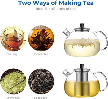 Скляний чайник Ecooe з ситечком для чаю 1500 мл, скляний чайник, прозорий, термостійкий, зі знімним ситечком для чаю з нержавіючої сталі, для чорного чаю, зеленого чаю, ароматного фруктового чаю тип1 срібло- (2000мл, тип2 срібло-2000мл)