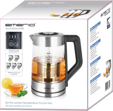 Скляний чайник Emerio WK-122248 ПЕРЕМОЖЕЦЬ ТЕСТІВ з повністю автоматичним чайним ситечком 1.3 класу, боросилікатне скло, без BPA, об&39єм 1.7 л, вибір температури, 2200 Вт, чорний/срібний (ручний)