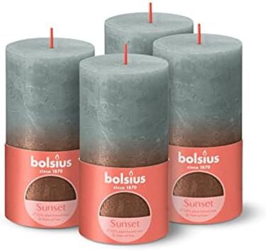 Свічки Bolsius Rustic Pillar - Металеві, що згасають - Рожеві та червоні - Упаковка з 4 шт. - Тривалий час горіння 60 годин - Без запаху - Містить натуральний рослинний віск - Без пальмової олії - 13 x 7 см (13 x 6,8 см, зелені та мідні)