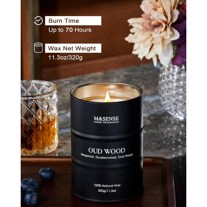 Ароматичні свічки M&SENSE Oud Wood з натурального соєвого воску, 320 г натуральної соєвої свічки для домашнього декору, тривале горіння до 70 годин, класні подарункові свічки для чоловіків і жінок, 320 г Oud Wood