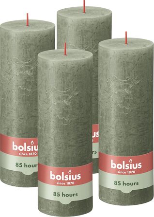 Свічки Bolsius Rustic Pillar - Оливково-зелені - Набір з 4 шт. - Декоративні побутові свічки - Час горіння 60 годин - Без запаху - Натуральний рослинний віск - Без пальмової олії - Оливково-зелені (19 x 7 см, Оливково-зелені)