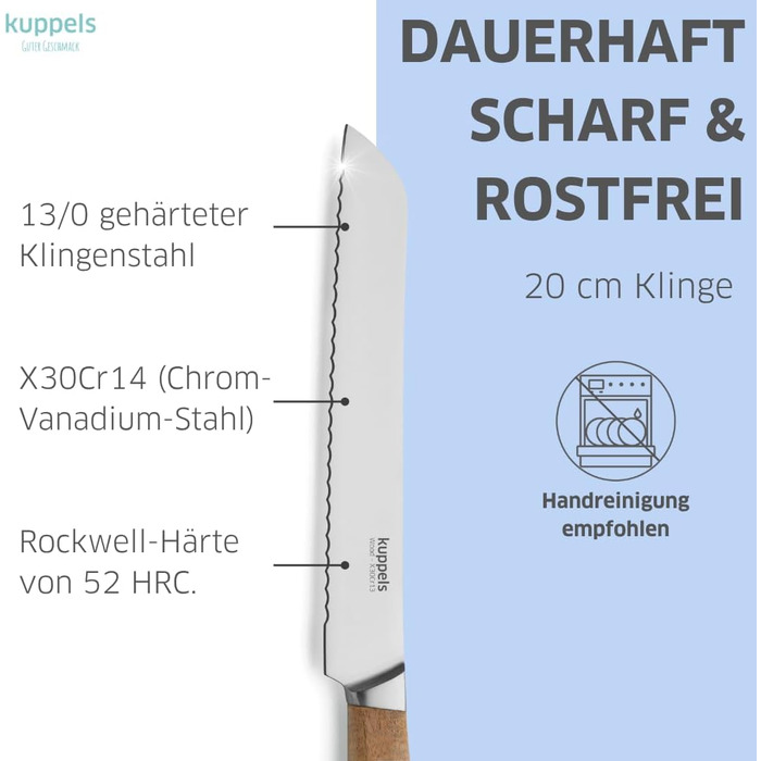 Набір кухонних ножів Kuppels WOOD, 3 предмети ніж шеф-кухаря, ніж універсальний та ніж для овочів з ручкою з акації. Надзвичайно гострий набір ножів з хромо-ванадієвої сталі, професійний набір для овочів та мяса (включає ніж для хліба).