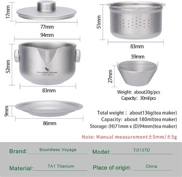 Безграничный Voyage Титановый двухслойный чайник с крышкой фильтра Сверхлегкий чайник Кофейная кружка с защитой от ожогов Посуда для кемпинга Туристический офис (Ti3137D-чайник 3 чашки)