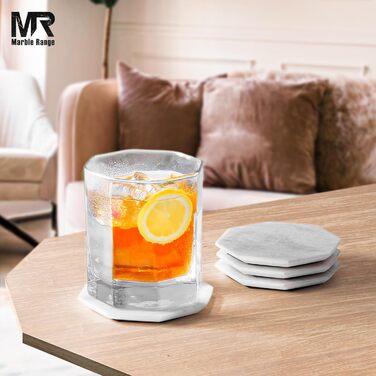 Підставки під чашки з мармуру з підставкою, 8.9 см, з оніксу, ручної роботи, для офісу, напоїв, кави та бару, на обідній стіл, набір з 6 шт. (Білі)