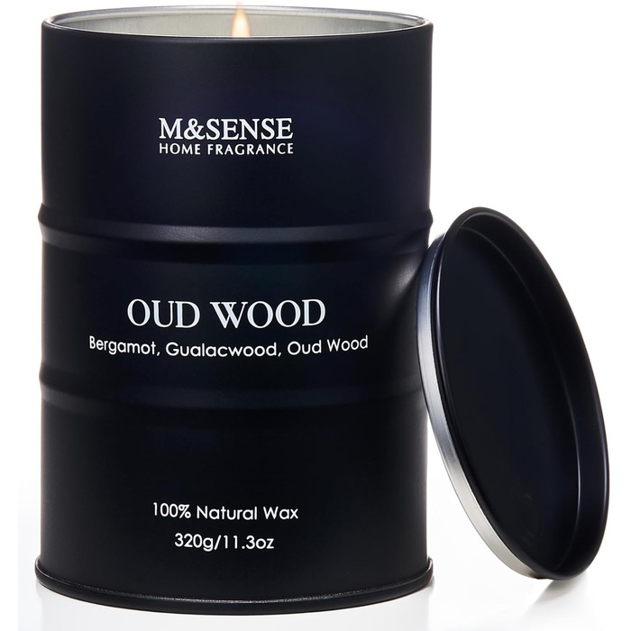 Ароматичні свічки M&SENSE Oud Wood з натурального соєвого воску, 320 г натуральної соєвої свічки для домашнього декору, тривале горіння до 70 годин, класні подарункові свічки для чоловіків і жінок, 320 г Oud Wood