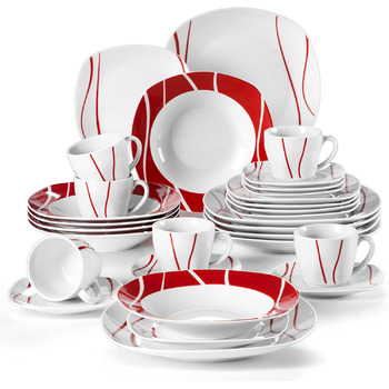 Серия Felisa, фарфоровый столовый сервиз из 36 предметов, 6 плоских тарелок, 6 тарелок для тортов, 6 суповых тарелок, 6 чашек, 6 блюдец, 6 мисок на 12 персон (набор посуды 30 шт.)