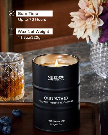 Ароматичні свічки M&SENSE Oud Wood з натурального соєвого воску, 320 г натуральної соєвої свічки для домашнього декору, тривале горіння до 70 годин, класні подарункові свічки для чоловіків і жінок, 320 г Oud Wood