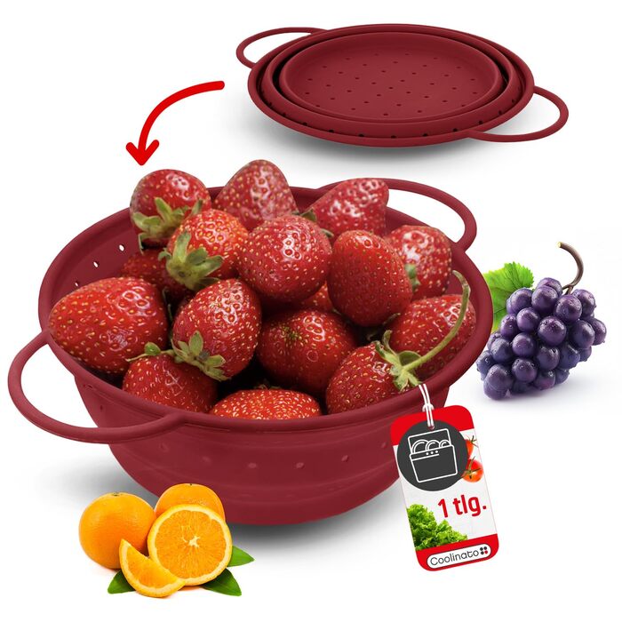 Складаний силіконовий друшляк Сітчасте сито для пасти, овочів та фруктів Можна мити в посудомийній машині, не містить бісфенолу А та термостійкий до 230C Компактний складний друшляк для зливу води (червоний, 20 см)